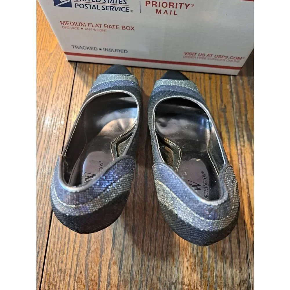 8M Worthington Lana Pewter Black Metallic Peep Toe High Heel Pump Dress Shoes